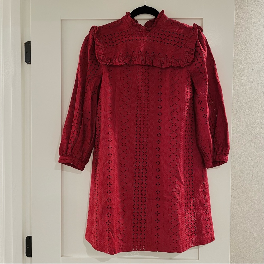 Madewell Red Long Sleeve Eyelet Ruffle Dress